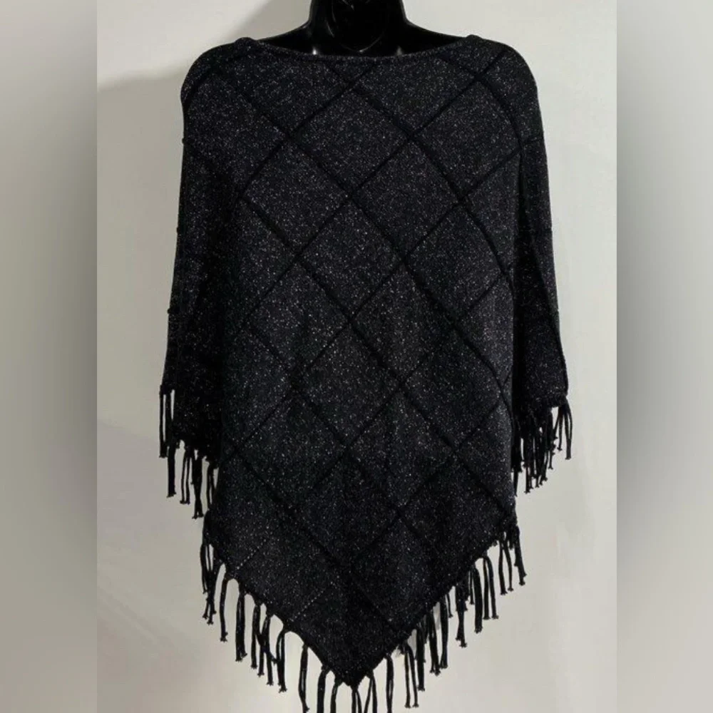 NWT. Chico’s, Small, Charcoal Black Fringe Poncho - Picture 2 of 7